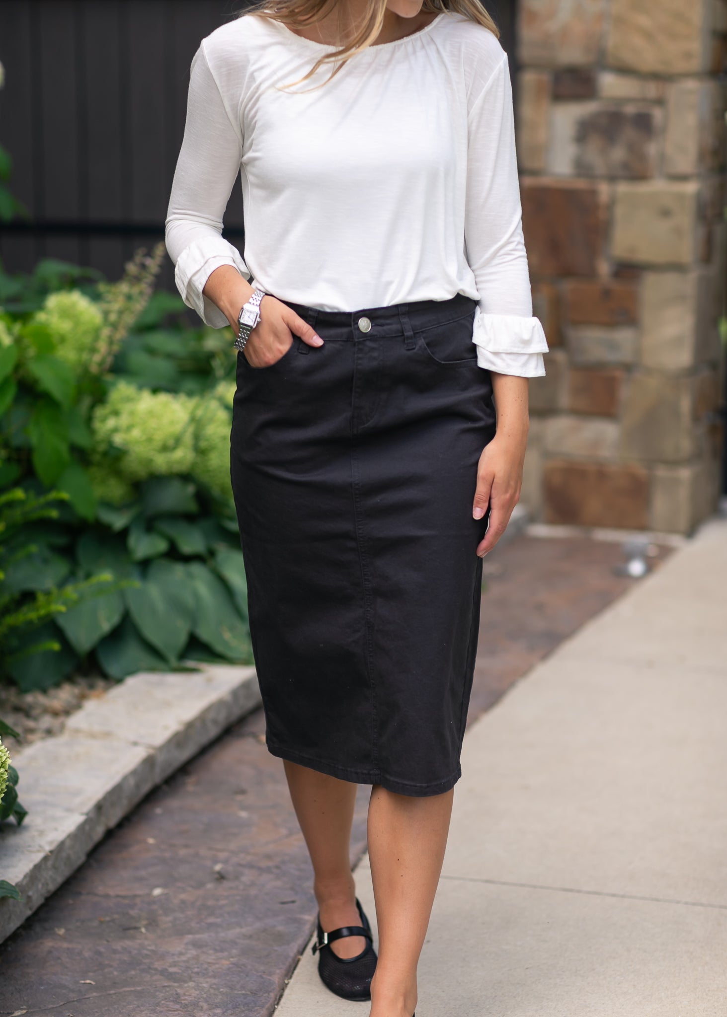 Remi Onyx Black Denim Midi Skirt Inherit Co.